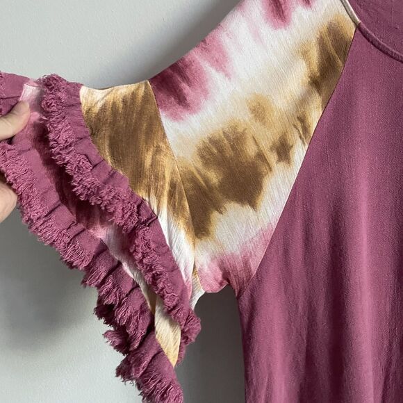 Umgee Size S Mauve Pink Tie Dye Frayed Short Sleeve Linen Blend Tunic Dress - Picture 2 of 6